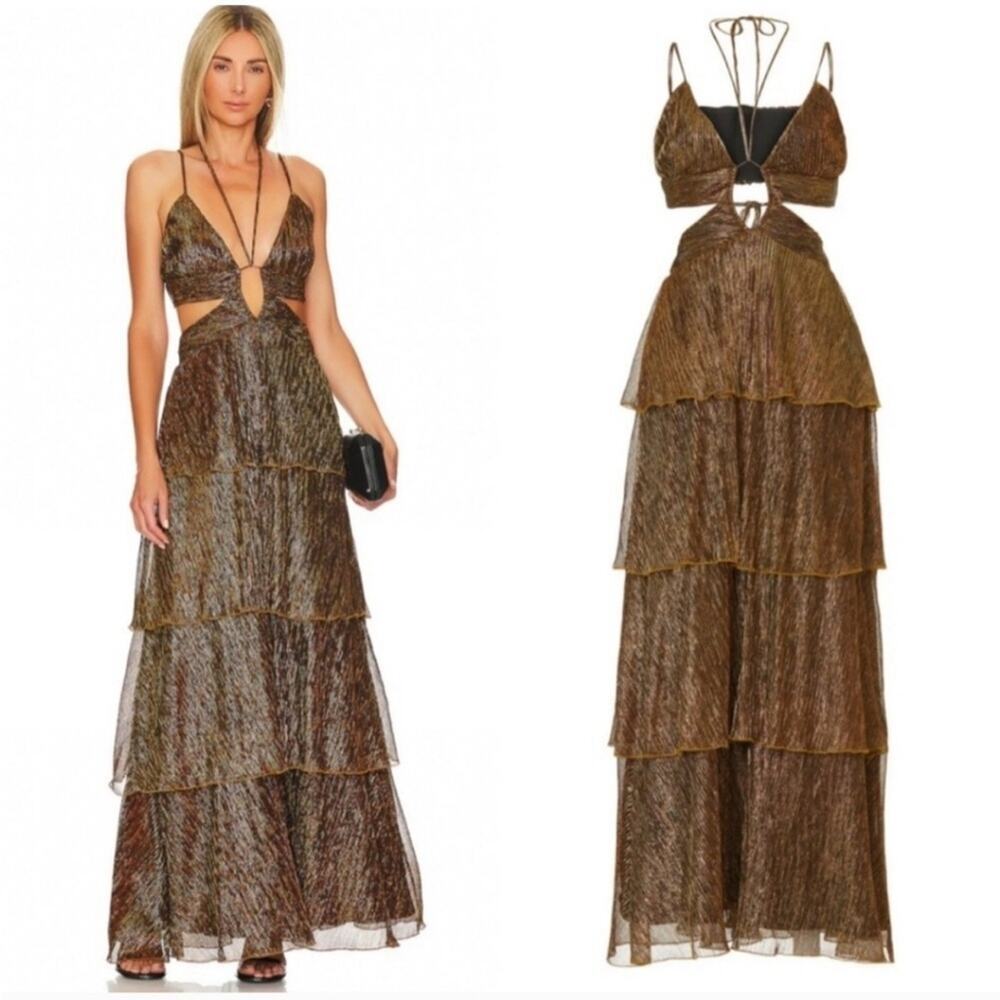 Line & Dot Sonia Cut Out Maxi Dress Women's Size Large Gold Metallic Gown